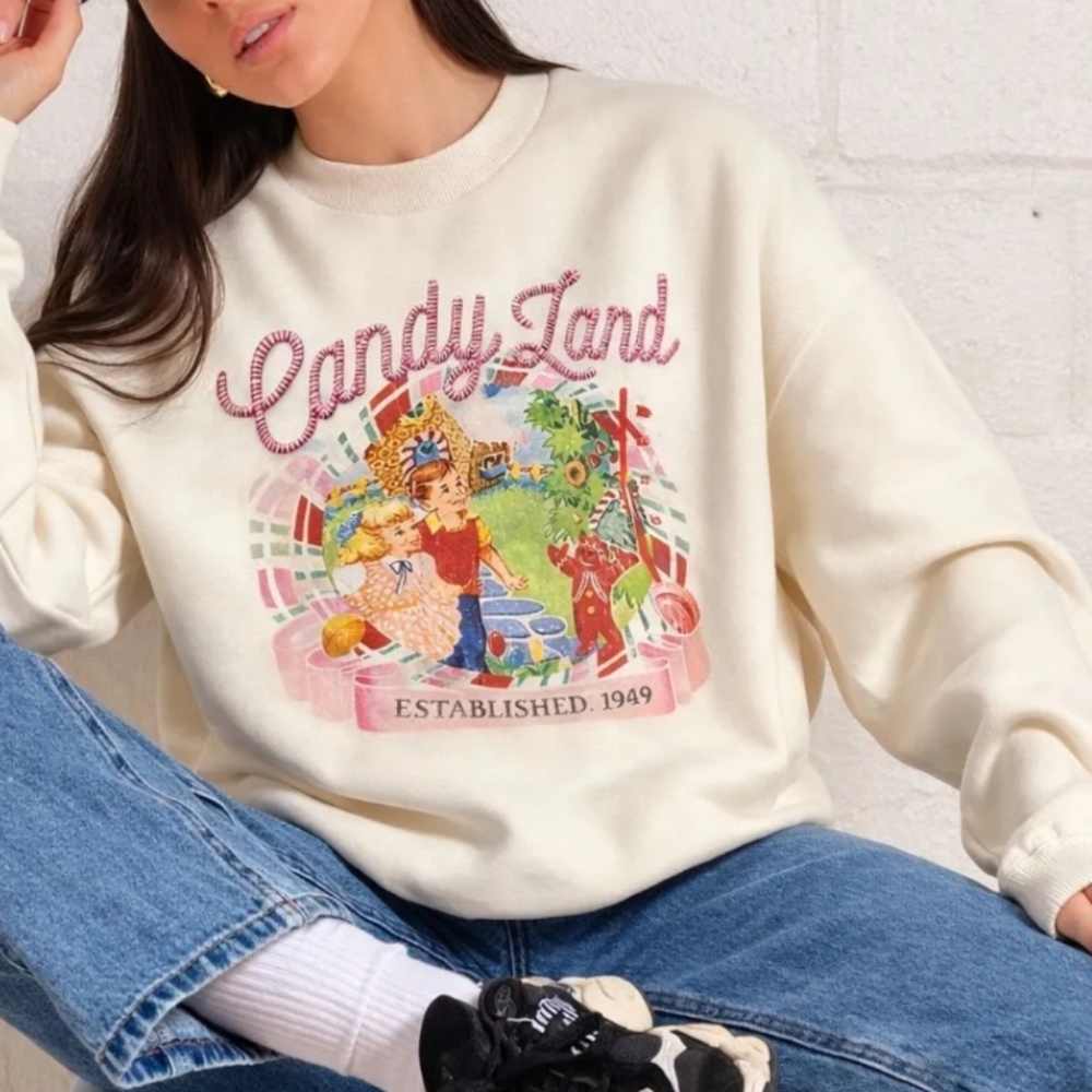 Candy Land Embroidered Graphic Sweatshirt Cream Oversized Fit